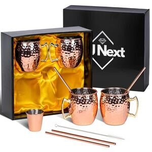 16oz Copper Moscow Mule Mugs with 4 Copper Straws, 1 Shot Glass- Set of 4